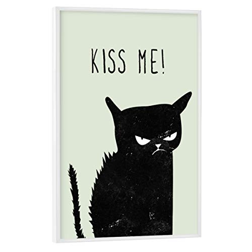 artboxONE Poster mit weißem Rahmen 30x20 cm Typografie Kiss me cat - Bild Katze böse cat von artboxONE