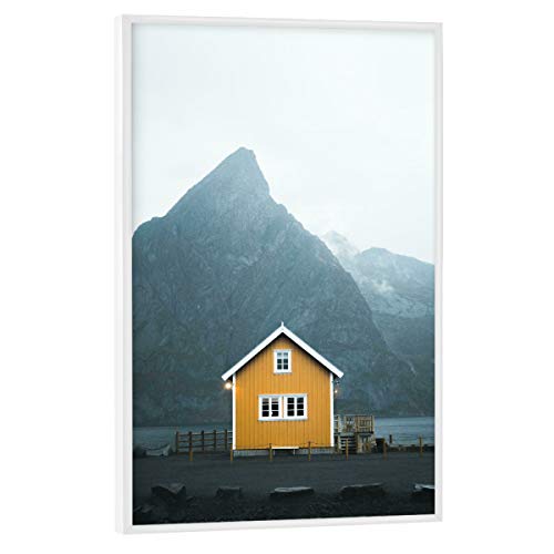 artboxONE Poster mit weißem Rahmen 45x30 cm Natur Yellow Hut Lofoten Islands Norway - Bild lofoten von artboxONE