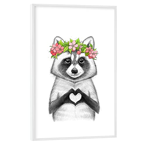 artboxONE Poster mit weißem Rahmen 45x30 cm Tiere Raccoon Girl with Heart - Bild Raccoon Flower Heart von artboxONE