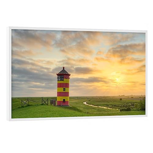 artboxONE Poster mit weißem Rahmen 60x40 cm Reise Pilsumer Leuchtturm Sonnenaufgang - Bild ostfriesland Emden gelb von artboxONE