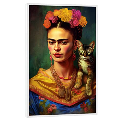 artboxONE Poster mit weißem Rahmen 90x60 cm Abstrakt Frida Kahlo mit Katze - Bild Frida Kahlo selbstportrait von artboxONE
