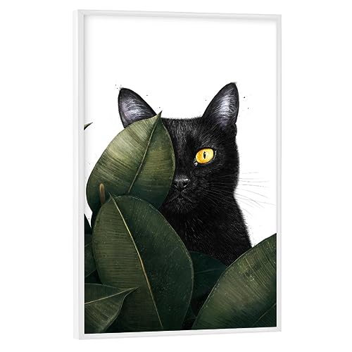 artboxONE Poster mit weißem Rahmen 90x60 cm Natur Schwarze Katze im Ficus - Bild Katze ficus grün von artboxONE