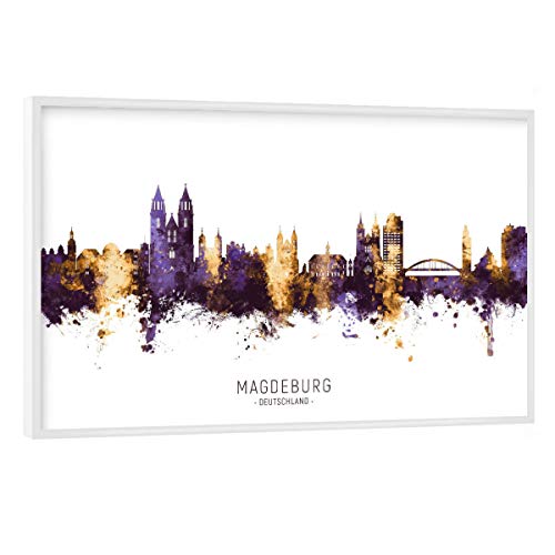 artboxONE Poster mit weißem Rahmen 90x60 cm Städte Magdeburg Skyline PurpleGold - Bild magdeburg City Cityscape von artboxONE