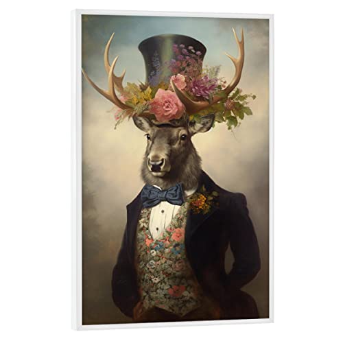 artboxONE Poster mit weißem Rahmen 90x60 cm Tiere Gentleman Hirsch mit Blumen - Bild Hirsch Blume Blumen von artboxONE