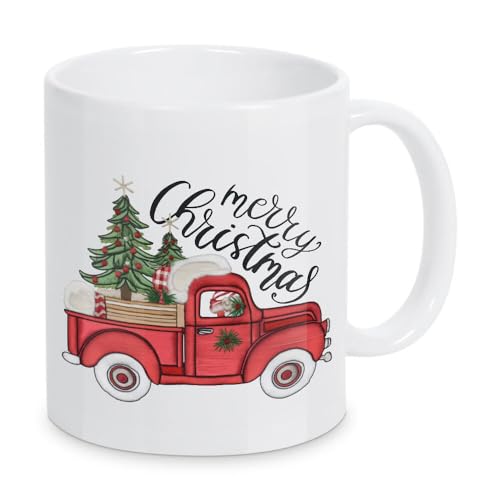 artboxONE Tasse Frohe Weihnachten, roter Pickup von Tanya Kart - Kaffeetasse Abstrakt von artboxONE