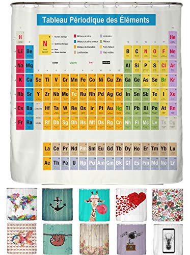 arteneur® - Duschvorhang Periodensystem Französisch - Anti-Schimmel Duschvorhänge 180x200 - Recycelt mit Öko-Tex Standard 100 - Beschwerter Saum Ohne Kleben, Wasserdicht, Waschbar, 12 Ringe in Weiß von arteneur