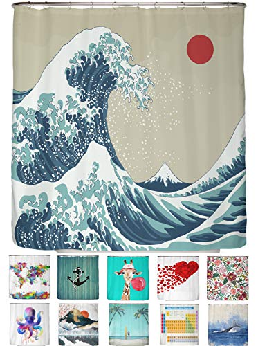 arteneur® - Japan Welle - Anti-Schimmel Duschvorhang 180x200 - Recycelt mit Öko-Tex Standard 100 - Beschwerter Saum, Blickdicht, Wasserdicht, Waschbar, 12 Ringe & E-Book von arteneur