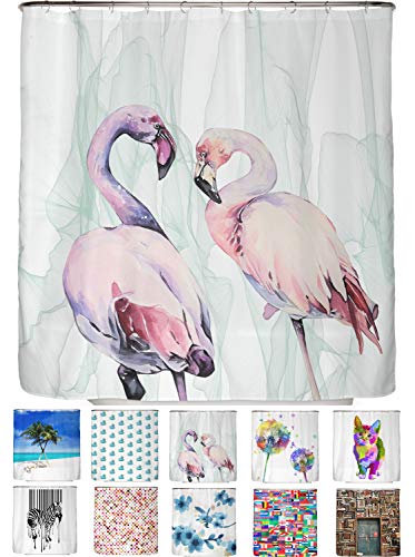 arteneur® - Loving Flamingos - Anti-Schimmel Duschvorhang 180x200 - Recycelt mit Öko-Tex Standard 100 - Beschwerter Saum, Blickdicht, Wasserdicht, Waschbar, 12 Ringe & E-Book mit Reinigungs-Tipps von arteneur