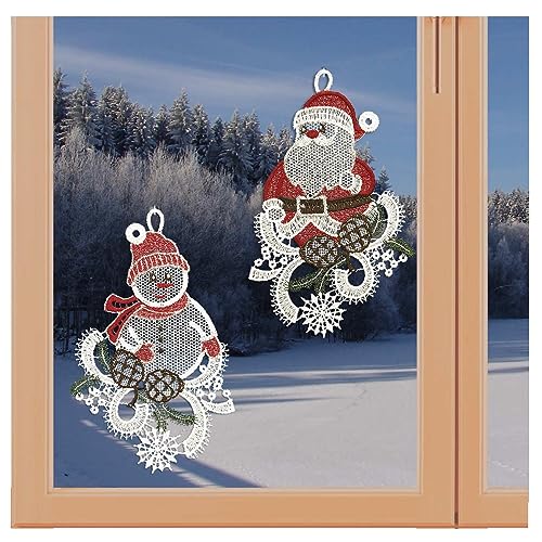 Fensterbilder Winterboten Schneemann und Weihnachtsmann 2er-Set Fensterdeko aus Echter Plauener Spitze 21 x 13 cm von artex deko