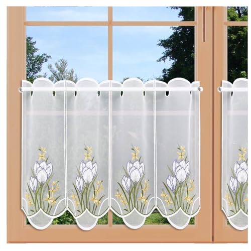 Frühlings-Scheibengardine Krokusblüte aus Echter Plauener Spitze Scheibenhänger für Frühling und Ostern 40 x 112 cm von artex deko