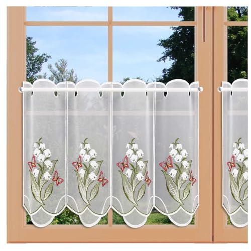 Frühlings-Scheibenhänger Maiglöckchen Plauener Spitze Kurgardine mit Schmetterlingen für Frühling und Ostern 40 x 112 cm von artex deko