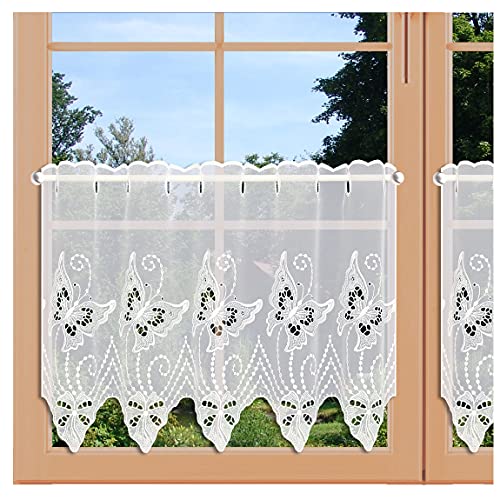 Spitzen-Scheibengardine Schmetterlinge Plauener Spitze mit Perlenschnur-Muster weiß in 2 Höhen seitlich gesäumt Spitzen-Scheibengardine Schmetterlinge Plauener Spitze mit Perlenschnur-Muster weiß in 2 Höhen seitlich gesäumt von artex deko