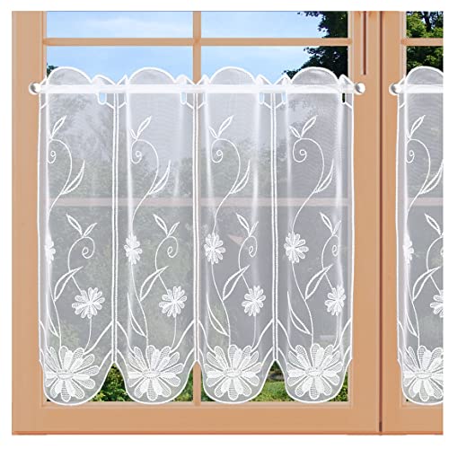artex deko Bestickte Scheibengardine Kurzstore Tamina mit Blumenmuster Plauener Spitze weiß 45 cm hoch von artex deko