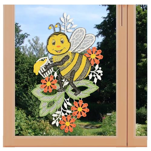 artex deko Fensterbild Imke Biene mit Honigtopf Echte Plauener Spitze Kinderzimmer-Dekoration mit Blumen 25 x 16 cm von artex deko