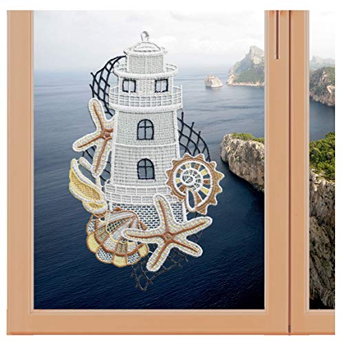 artex deko Fensterbild Leuchtturm Maritime Fensterdekoration hochwertige Plauener Spitze gestickt 30 x 18 cm von artex deko