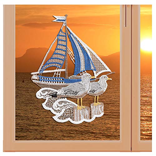 artex deko Fensterbild Segelboot mit Möwen Maritime Fensterdekoration hochwertige Plauener Spitze gestickt 17 x 24 cm von artex deko