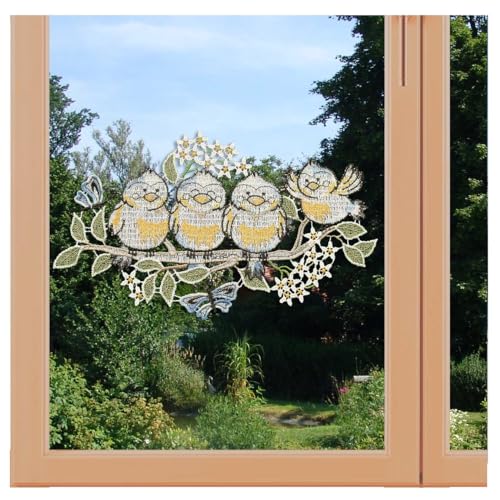 artex deko Fensterbild Sommergezwitscher Echte Plauener Spitze mit Vögelchen und Blütenzweig Spitzenbild Blaumeisen 15 x 26 cm von artex deko