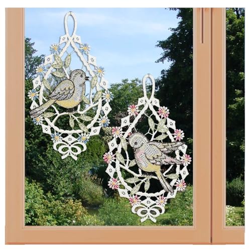 artex deko Fensterbilder Vogel-Pärchen Echte Plauener Spitze 2er-Set Spitzenbilder mit Vögelchen und Blumen je 20 x 14 cm von artex deko