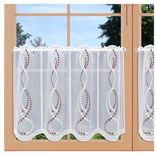 artex deko Scheibengardine Bianca mit Perlenschnur-Stickerei aus Echter Plauener Spitze moderner Kurzstore in weiß-rot 40 x 96 cm von artex deko