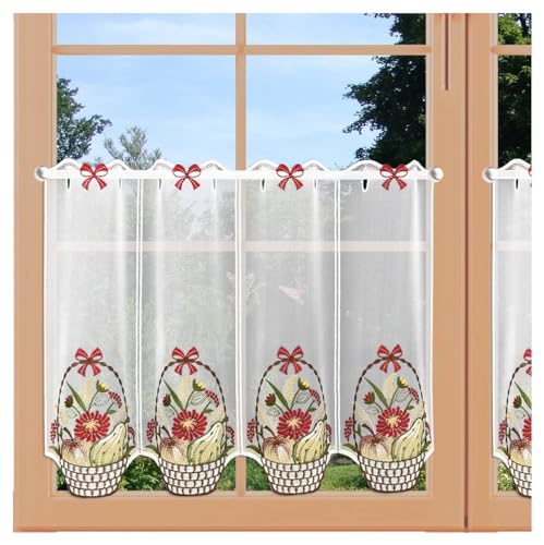 artex deko Scheibengardine Blumenkorb mit Früchten Echte Plauener Spitze farbenfroher Kurzstore mit Obstkörbchen und Schleifen 40 x 64 cm von artex deko