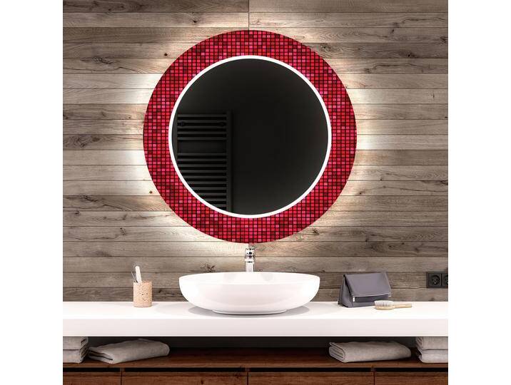 Runder dekorativer Spiegel mit LED-Beleuchtung für das Badezimmer - Red Mosaic Runder dekorativer Spiegel mit LED-Beleuchtung für das Badezimmer - Red Mosaic von artforma