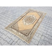 Vintage Handgemachte Oushak Teppich, Verblasst Orange Teppich Blass Gedämpft 3'8 "X 7'2" Ft/115 X 220 cm von arthandmadetr