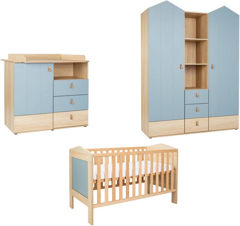 arthur berndt Babyzimmer-Komplettset Babyzimmer-Set »Roofy« 3-teilig mit 2-türigem Kleiderschrank, (Set, 3-tlg., Babymöbel-Set »Roofy« Kleiderschrank,Kinderbett+Wickelkommode) von arthur berndt