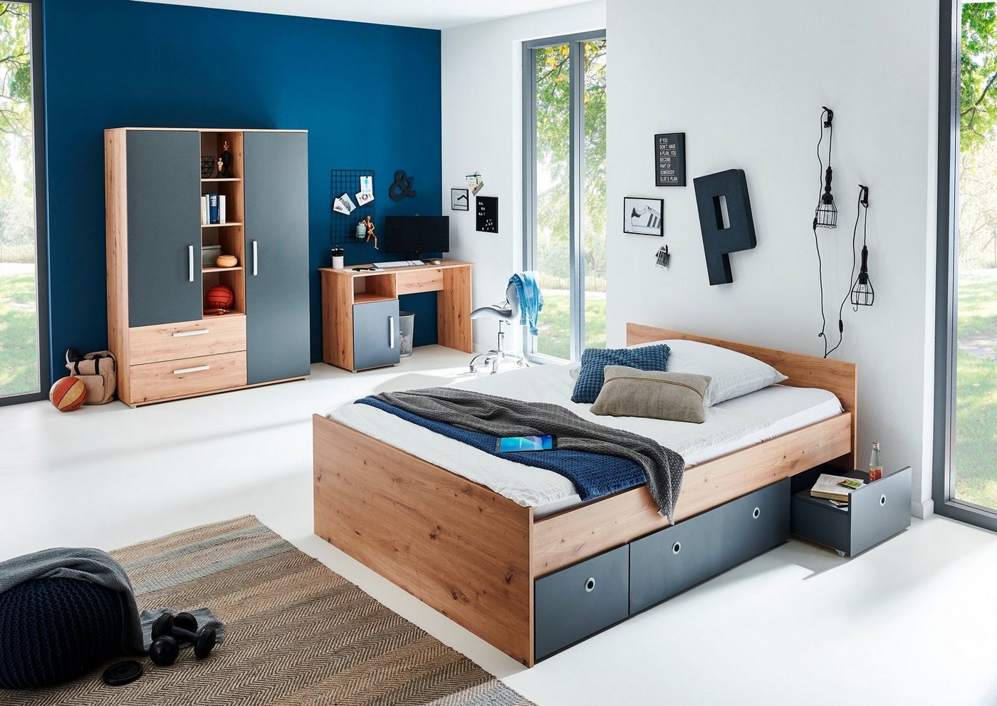 arthur berndt Jugendzimmer-Set Alessio, (Set, 4-tlg., Kleiderschrank mit Schubfächern, Regalelement, geräumiger Auszug), mit Melamin-Oberfläche von arthur berndt