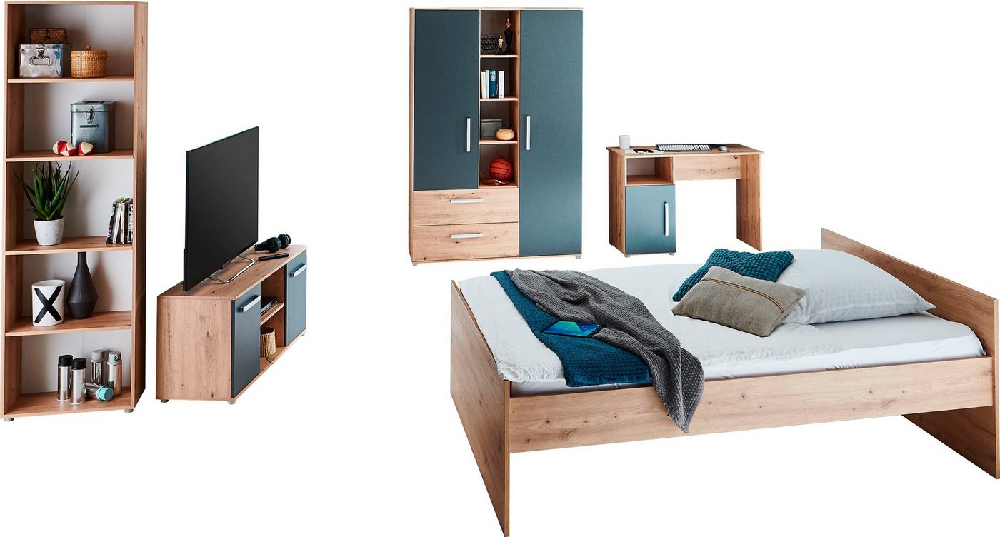 arthur berndt Jugendzimmer-Set Alessio, (Set, 5-St., Bett, Kleiderschrank, Schreibtisch, Standregal und TV-Lowboard), mit Melamin-Oberfläche von arthur berndt