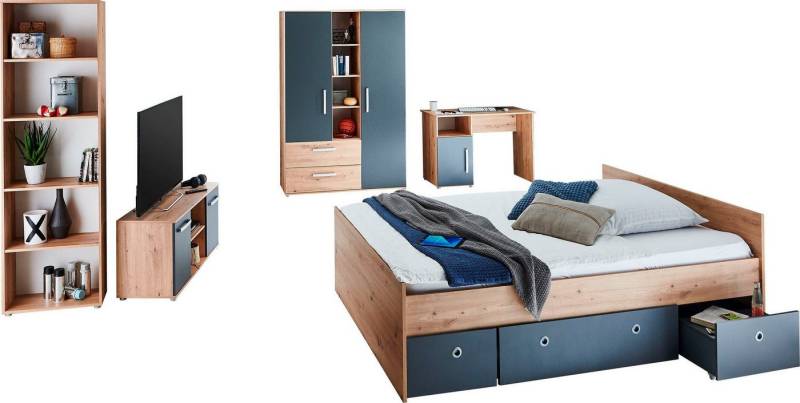 arthur berndt Jugendzimmer-Set Alessio, Anthrazit mit Artisan Eiche Dekor, viel Stauraum, (Set, 6-tlg., Kleiderschrank, Bett mit Schubkasten, Schreibtisch, Bücherregal etc), mit Melamin-Oberfläche von arthur berndt