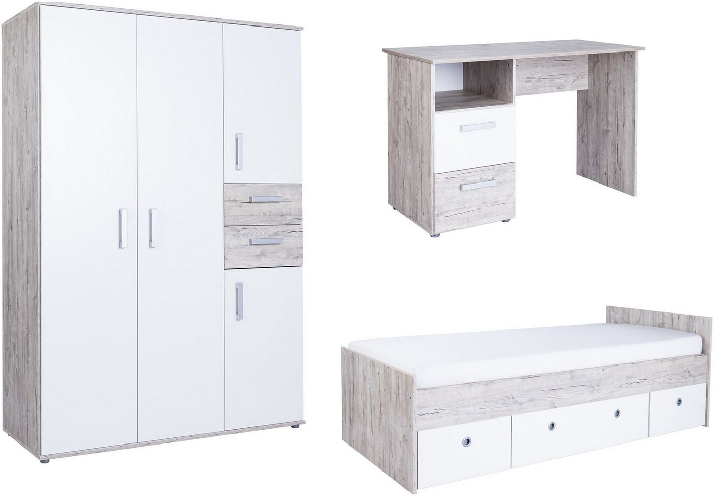 arthur berndt Jugendzimmer-Set Jugendzimmer-Set »Bente« 3-teilig, (3-tlg), Eiche-Sand/Weiß Nachbildung von arthur berndt