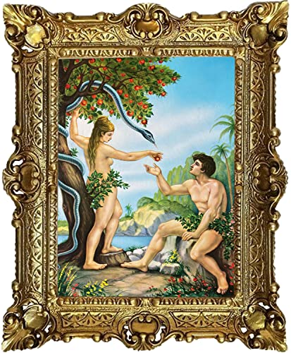 Gemälde ADAM UND EVA 56x46 cm die Verbotene Frucht Gemälde Repro im Antik-Look Jreligiöse Bild 56x46 Heiligenbilder Ikonen Kunstdruck Bild Rahmen Wandbild Wohnzimmerbild Barockbild Apfelbaum von artissimo