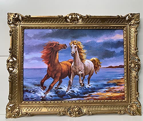 Gemälde Pferde Wilde Pferde am See Strand Barock Rahmen 90x70 Bild mit Rahmen Wohnzimmerbild Gerahmte Gemälde Antik Wandbild von artissimo