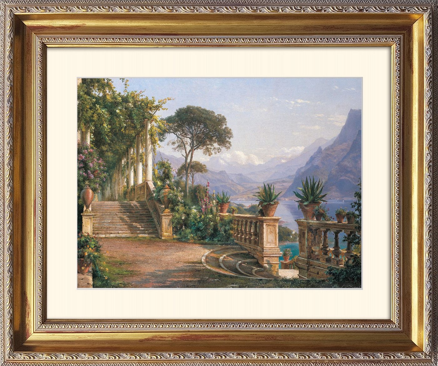 artissimo Bild mit Rahmen Aagaard Bild mit Barock-Rahmen / Poster gerahmt 63x53cm / Wandbild, Carl Frederic Aagaard: Lodge on Lake Como von artissimo