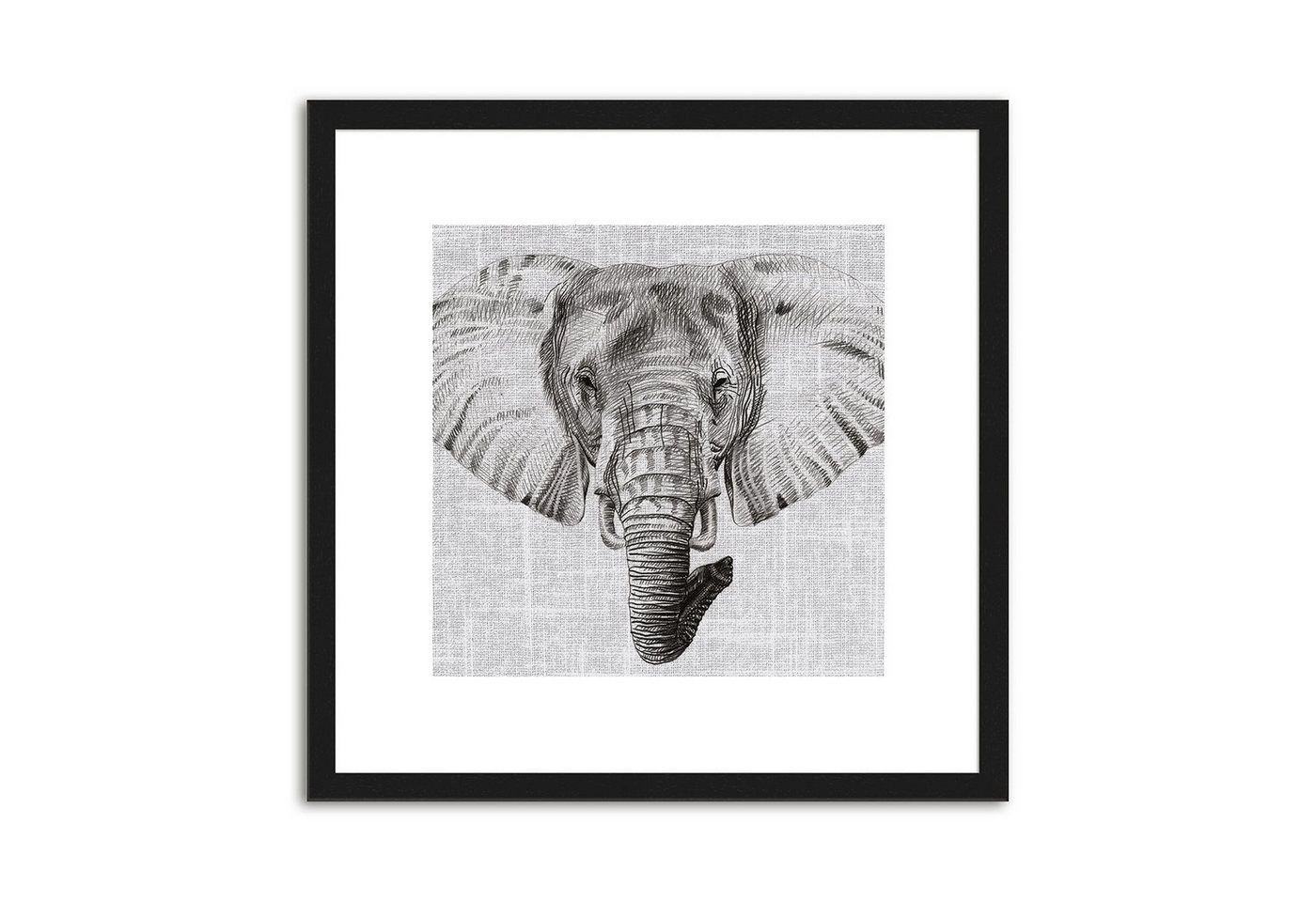 artissimo Bild mit Rahmen Bild gerahmt 30x30cm / Design-Poster inkl. Holz-Rahmen / Wandbild, Schwarz-Weiß Zeichnung: Elefant von artissimo