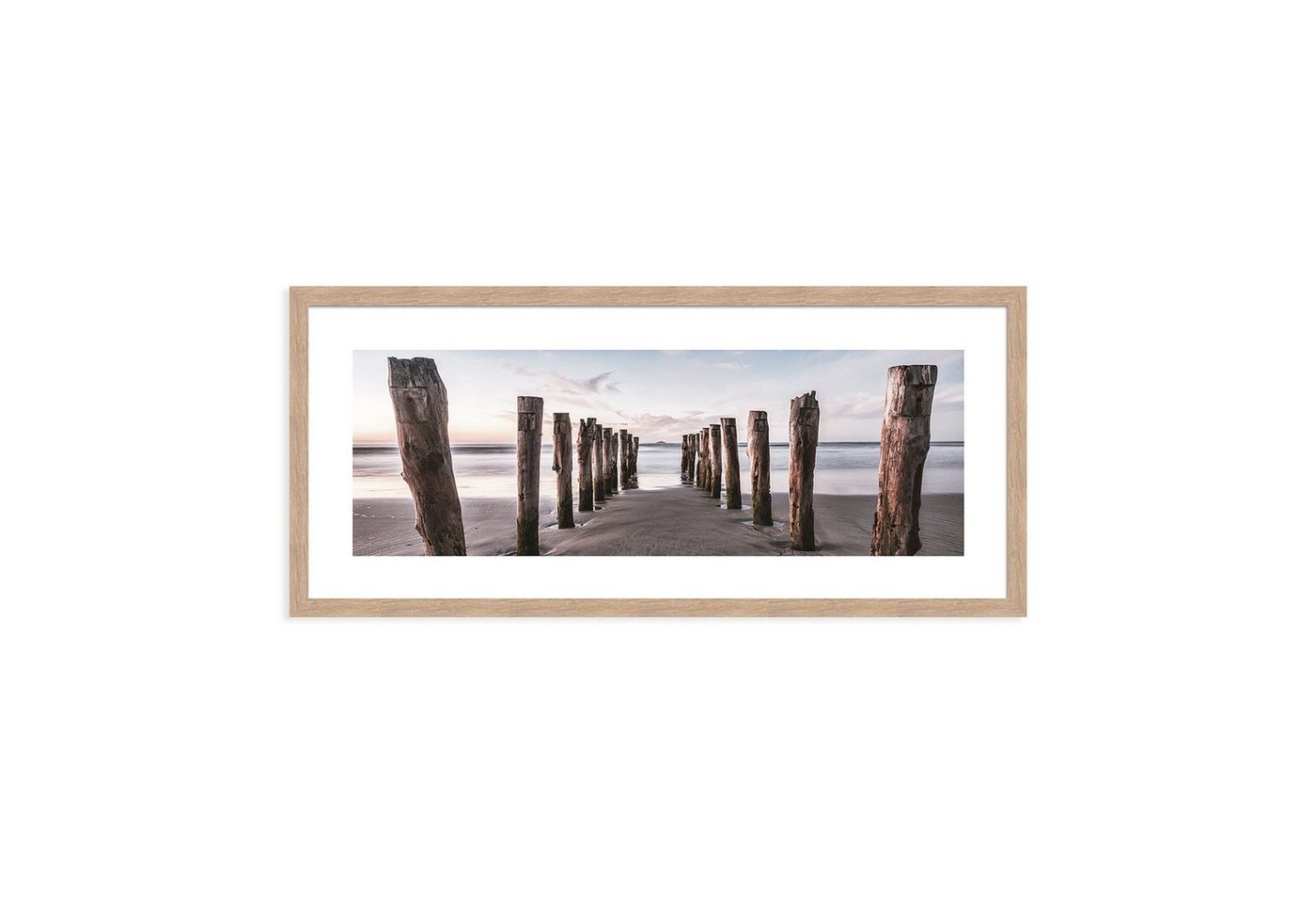 artissimo Bild mit Rahmen Bild gerahmt 71x30cm Design-Poster mit Rahmen länglich Wandbild Strand, Strand-Landschaft: Wellenbrecher von artissimo