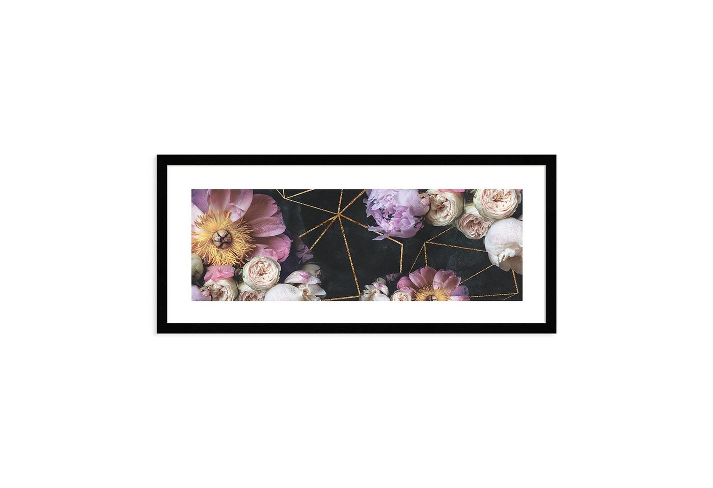 artissimo Bild mit Rahmen Bild gerahmt 71x30cm Design-Poster mit Rahmen länglich schwarz lila, Bkumen und Blüten: Vintage Bouquet von artissimo