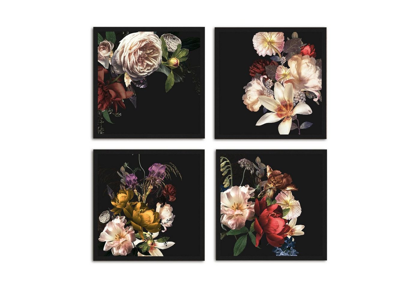 artissimo Bild mit Rahmen Design-Poster-Set mit Rahmen 4x30x30cm Bilder-Set gerahmt Blumen retro, Blumen: Vintage Blüten von artissimo