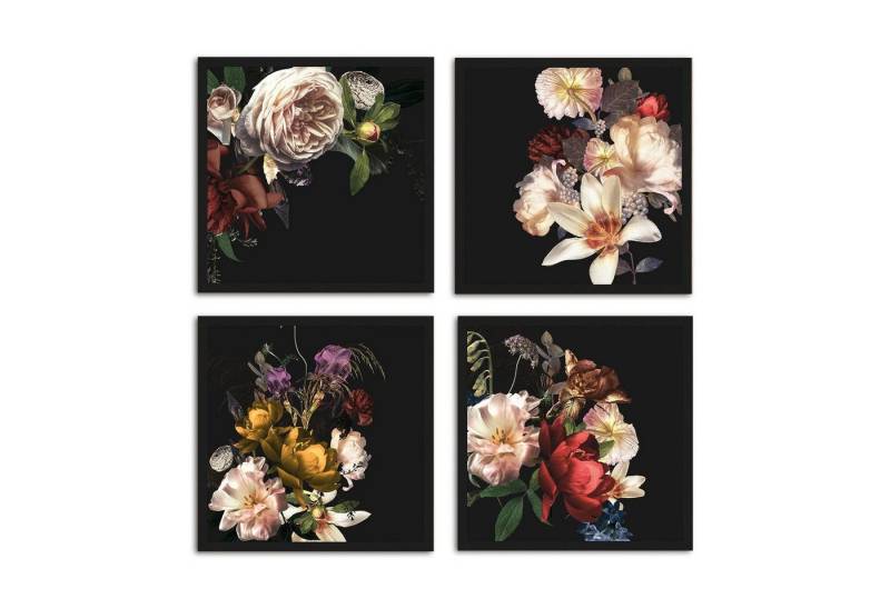 artissimo Bild mit Rahmen Design-Poster-Set mit Rahmen 4x30x30cm Bilder-Set gerahmt Blumen retro, Blumen: Vintage Blüten von artissimo