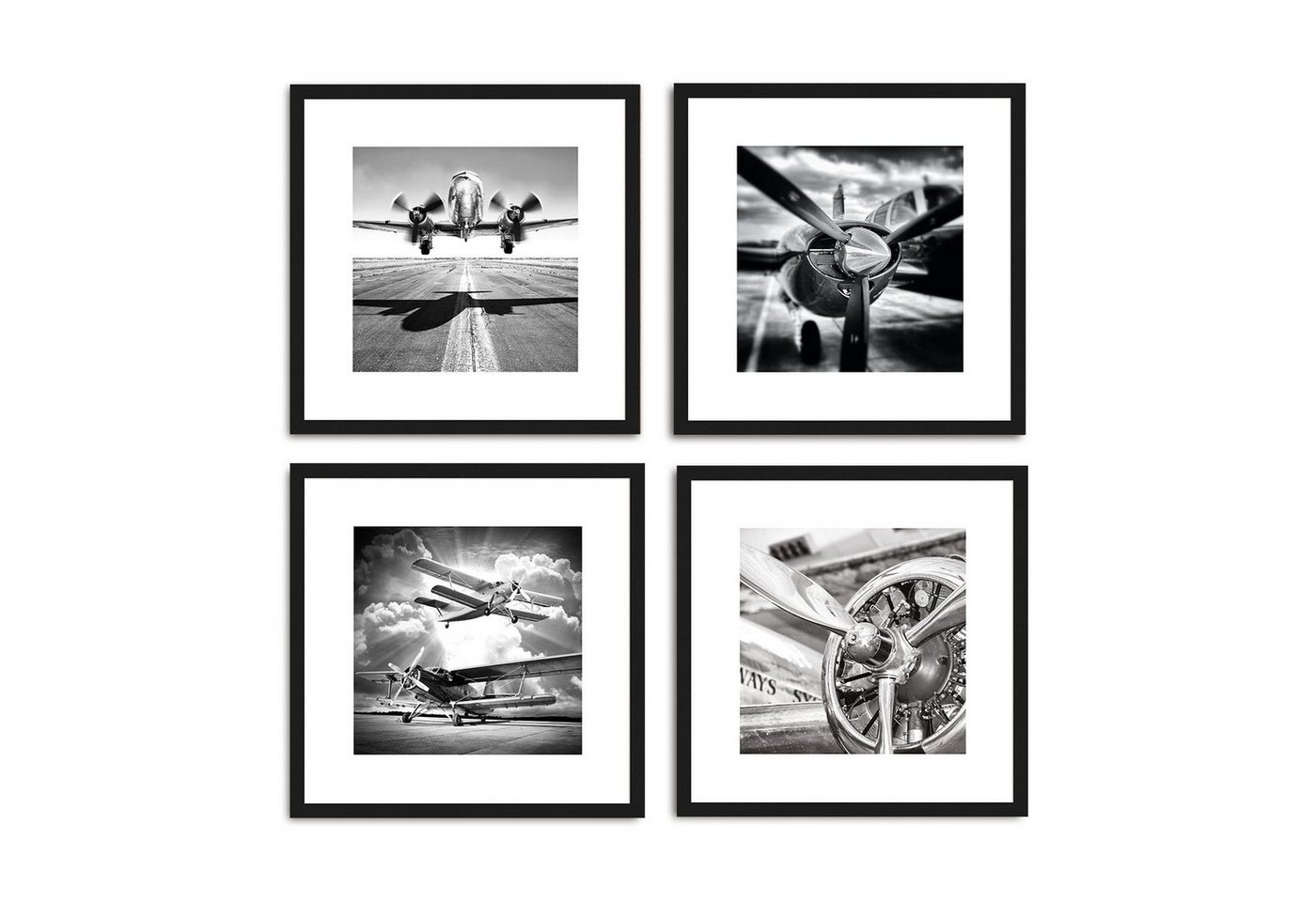 artissimo Bild mit Rahmen Design-Poster-Set mit Rahmen 4x30x30cm Bilder-Set gerahmt schwarz-weiß, Schwarz-Weiß Fotos: Flugzeuge von artissimo