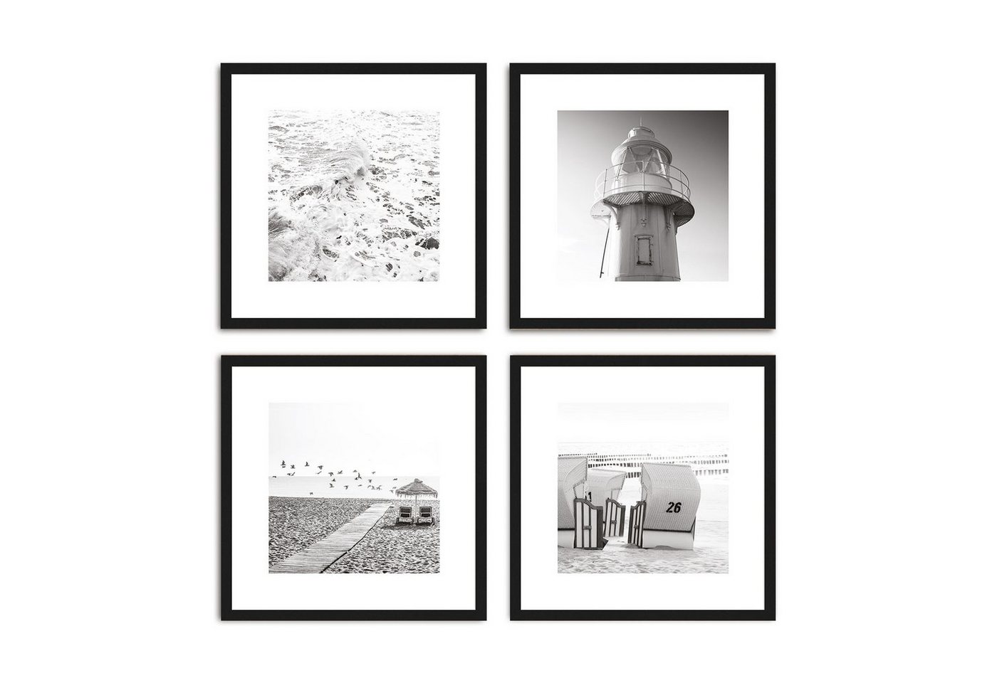 artissimo Bild mit Rahmen Design-Poster-Set mit Rahmen 4x30x30cm Bilder-Set gerahmt schwarz-weiß, Schwarz-Weiß Fotos: Strand und Meer von artissimo