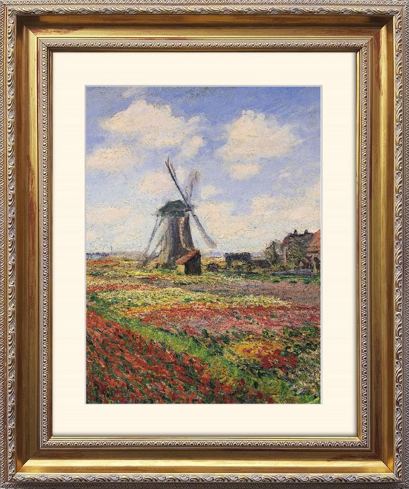artissimo Bild mit Rahmen Monet Bild mit Barock-Rahmen / Poster gerahmt 63x53cm / Wandbild, Claude Monet: Tulip field with Windmil von artissimo