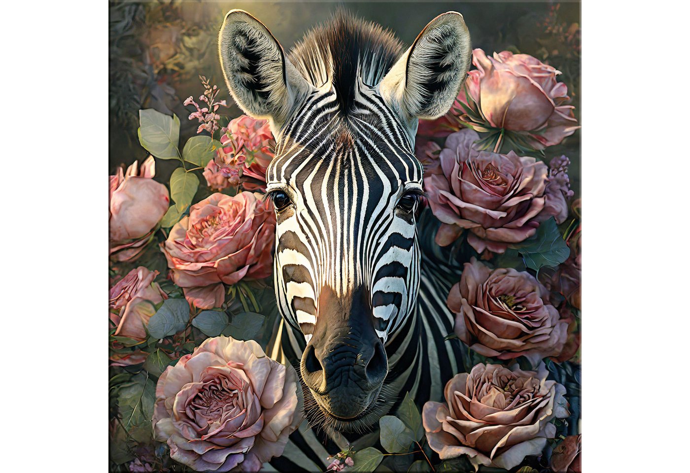 artissimo Glasbild Glasbild 30x30cm Bild aus Glas Boho-Style Blumen Blüten rosa grün, Tiere: Vintage Zebra von artissimo