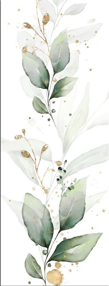 artissimo Glasbild Glasbild 30x80cm Bild aus Glas Aquarell-Malerei Zweige Mint-Grün Gold, Natur und Pflanzen : Eukalyptus II von artissimo