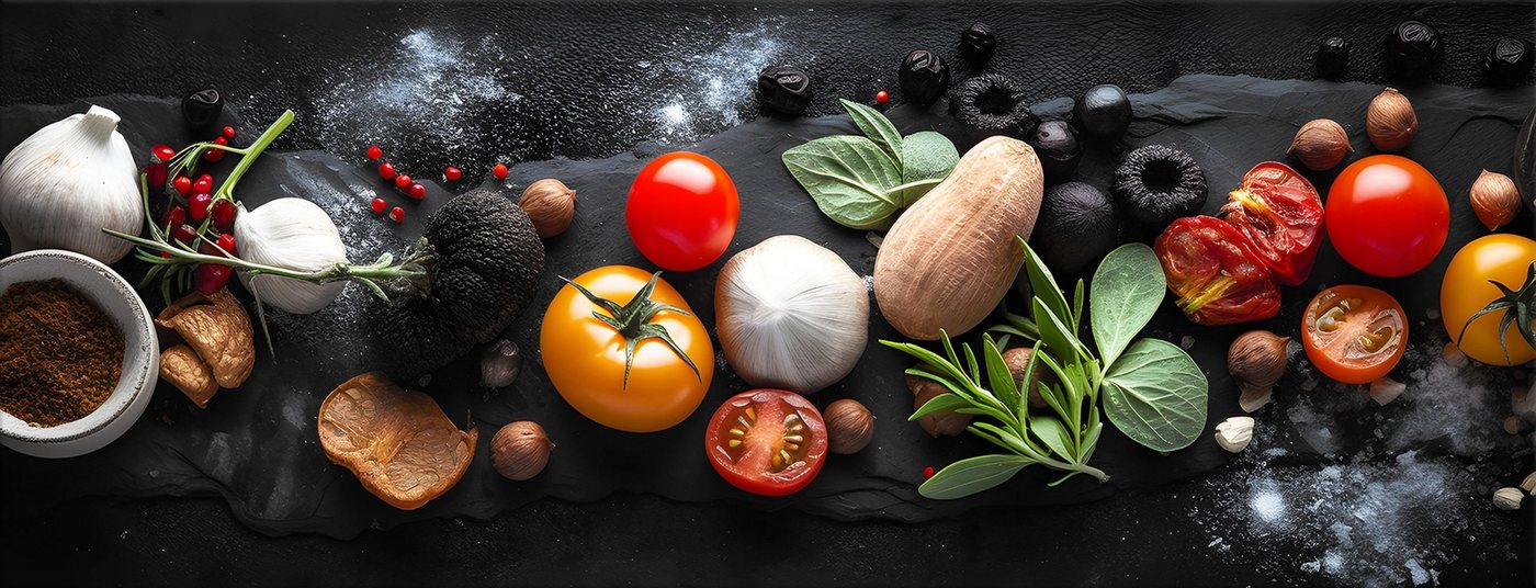 artissimo Glasbild Glasbild 80x30cm Bild aus Glas Küche Küchenbild Gemüse Kräuter, Essen und Trinken: Italien Gourmetküche von artissimo