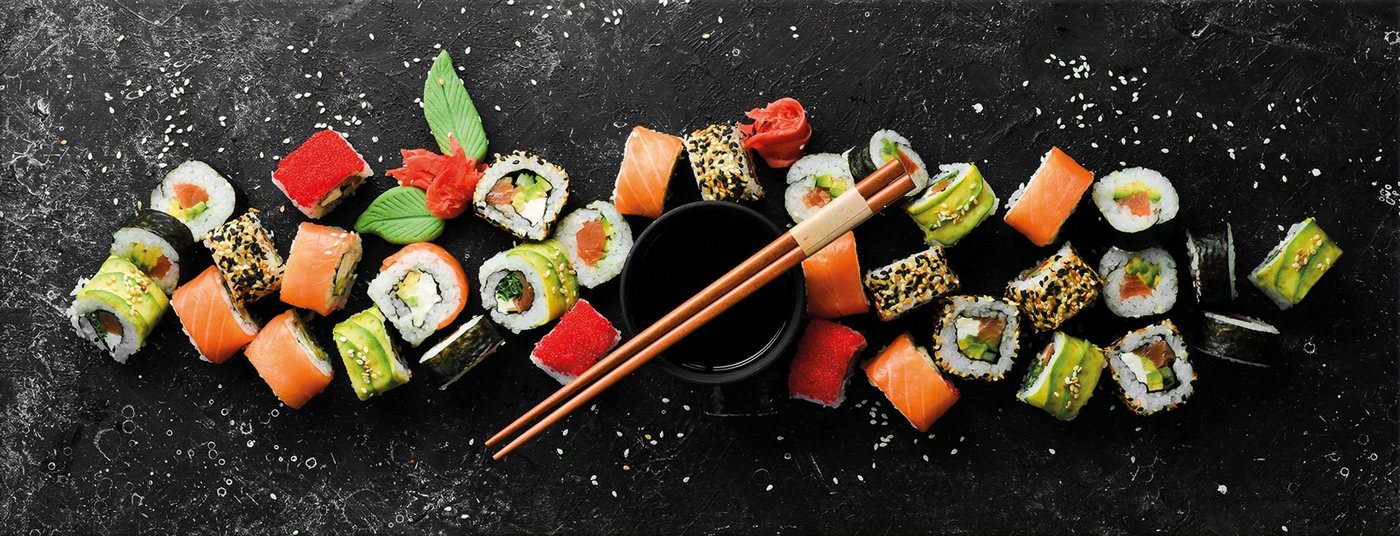 artissimo Glasbild Glasbild 80x30cm Bild aus Glas Küche Küchenbild asiatisch bunt schwarz, Essen und Trinken: Sushi von artissimo