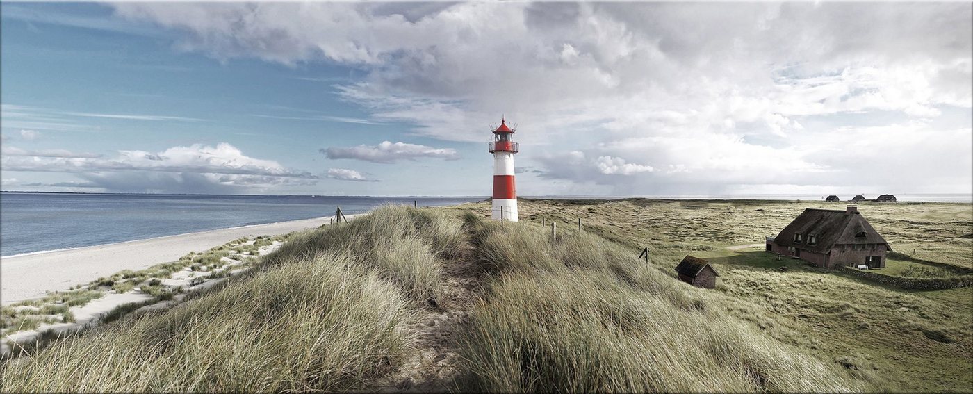 artissimo Glasbild Glasbild XXL 125x50 cm Bild aus Glas Wandbild groß Strand Meer Sylt, Strand-Landschaft: Dünen und Leuchtturm von artissimo