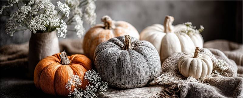 artissimo Glasbild Glasbild XXL 125x50 cm Querformat, Stillleben Grau-Orange, Bild Herbst, Herbstdeko: Herbst Arrangement mit Kürbis von artissimo