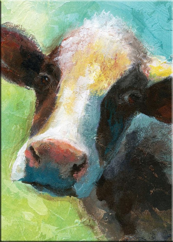 artissimo Leinwandbild artissimo Bild auf Leinwand 50x70cm Kunst-Edition Tiere Kuh Rind grün, Nan: Colorful Quirky Cow von artissimo