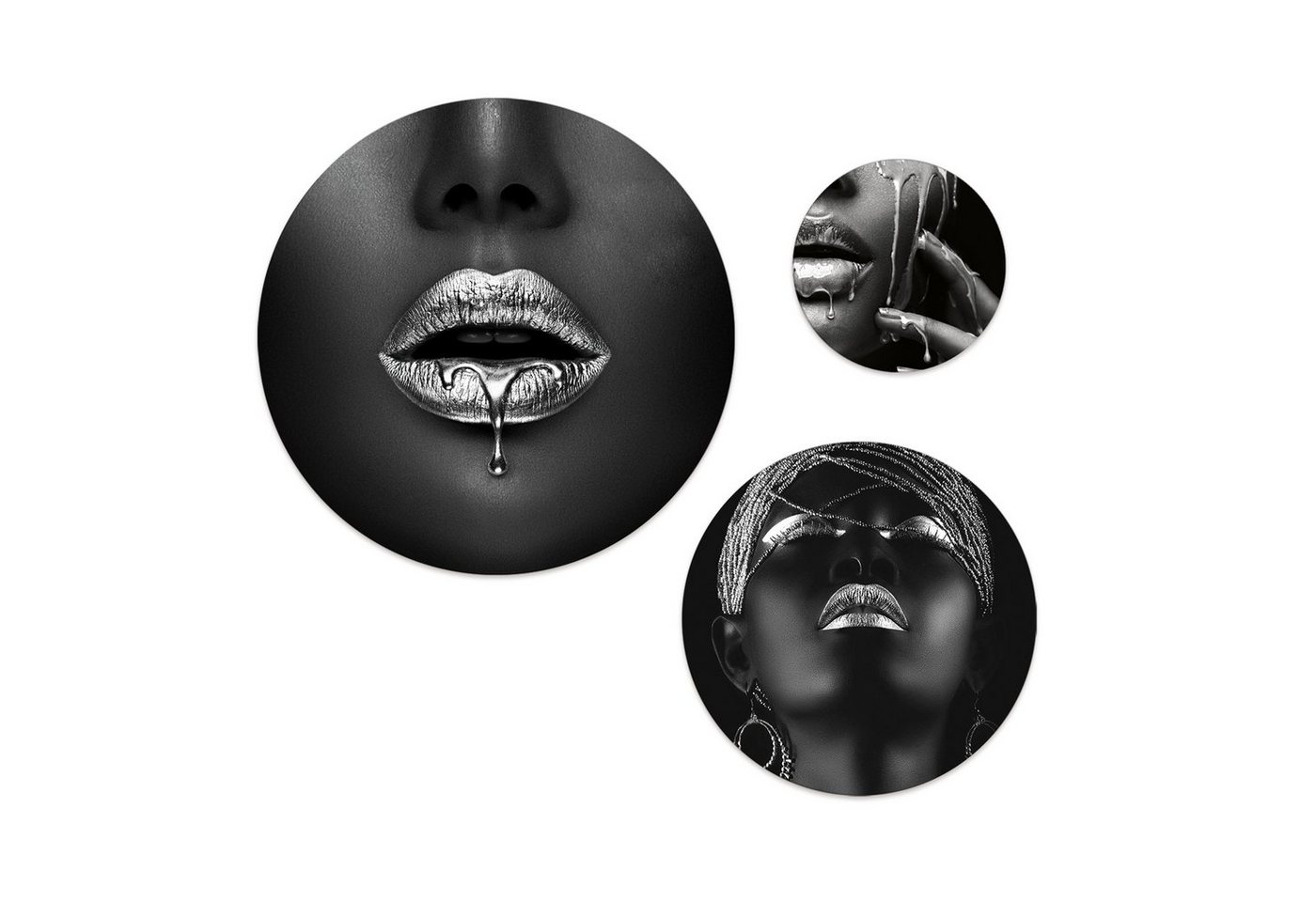 artissimo Mehrteilige Bilder mehrteiliges Bilder-Set 3 Wandbilder rund Wandkreise Frauen Fashion, Erotik: Lippen schwarz silber von artissimo